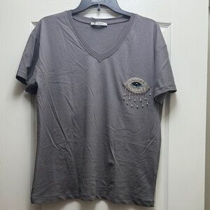 Gray V-Neck T-Shirt with Eye Design